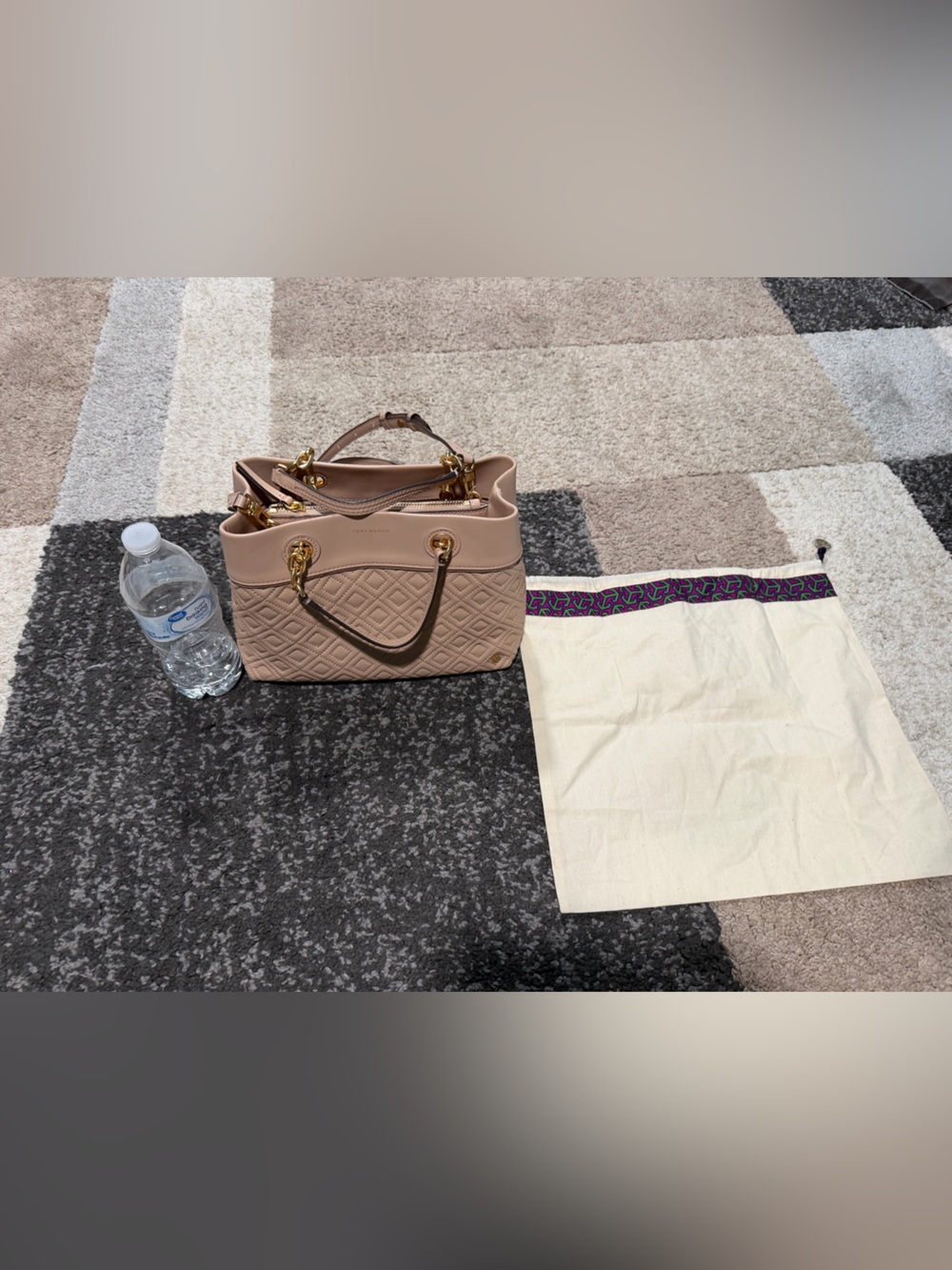 Quilted Taupe Tote Bag with Gold Hardware